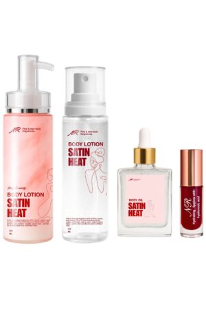Set satin heat ♥️✨
Body splash with shimmer 
Body lotion without shimmer 
Dry oil without shimmer ( clear ) 
Lipgloss shade black honey ♥️