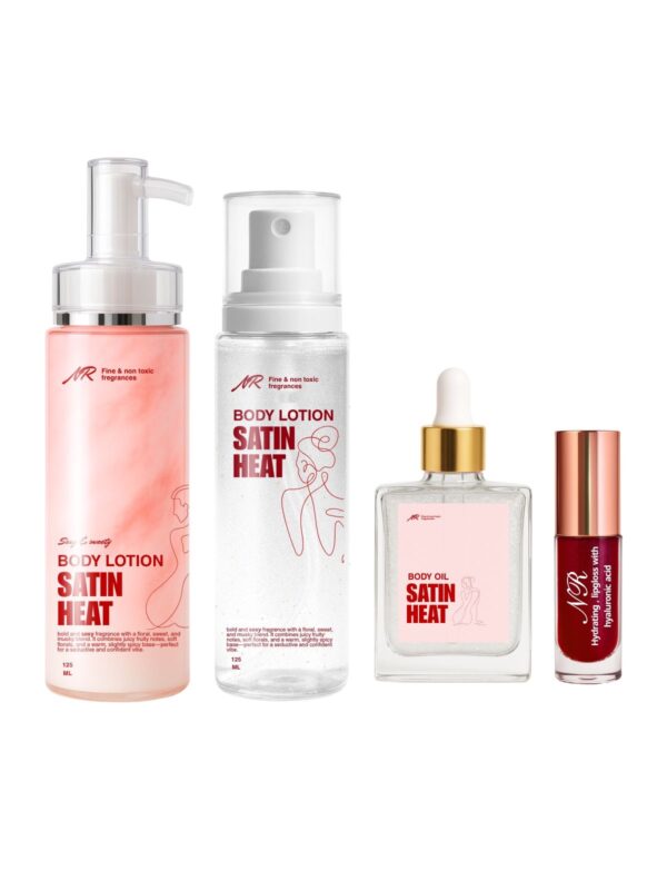 Set satin heat ♥️✨
Body splash with shimmer 
Body lotion without shimmer 
Dry oil without shimmer ( clear ) 
Lipgloss shade black honey ♥️