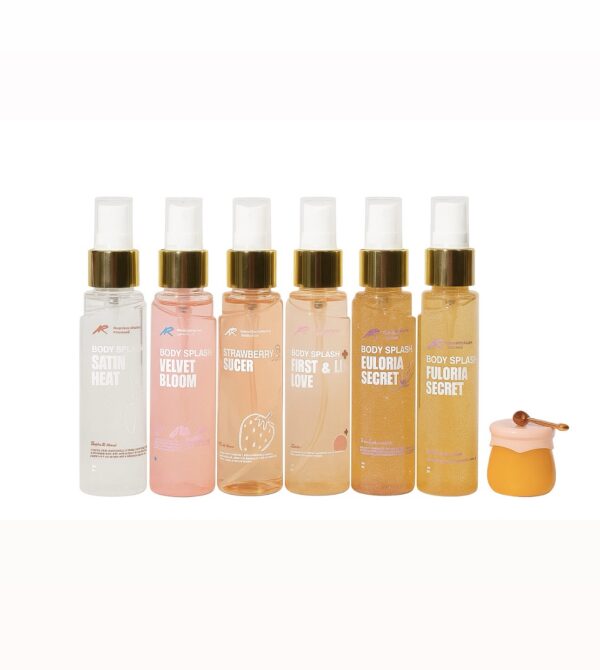 5 scents body splash 
Velvet bloom , strawberry sugar , satin heat , first&last love , Eluoria secret, lip balm 10 mll